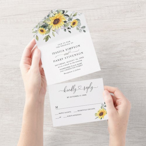 Elegant Sunflowers Eucalyptus Greenery Wedding All In One Invitation