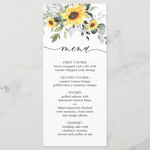 Elegant Sunflowers Eucalyptus Greenery Wedding Menu