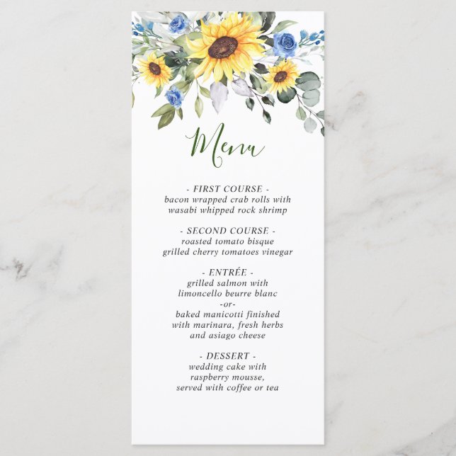 Elegant Sunflowers Eucalyptus Greenery Wedding Menu (Front)