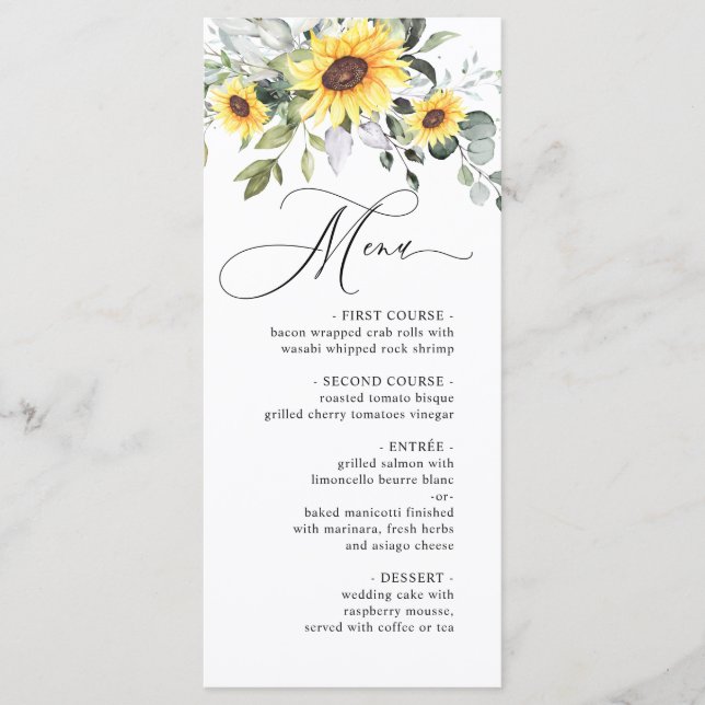 Elegant Sunflowers Eucalyptus Greenery Wedding Menu (Front)