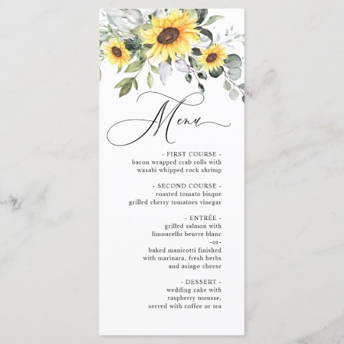 Elegant Sunflowers Eucalyptus Greenery Wedding Menu