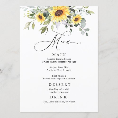 Elegant Sunflowers Eucalyptus Greenery Wedding Menu