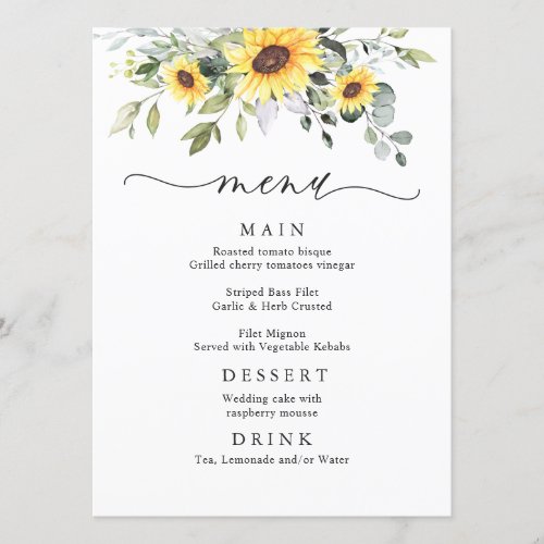 Elegant Sunflowers Eucalyptus Greenery Wedding Menu