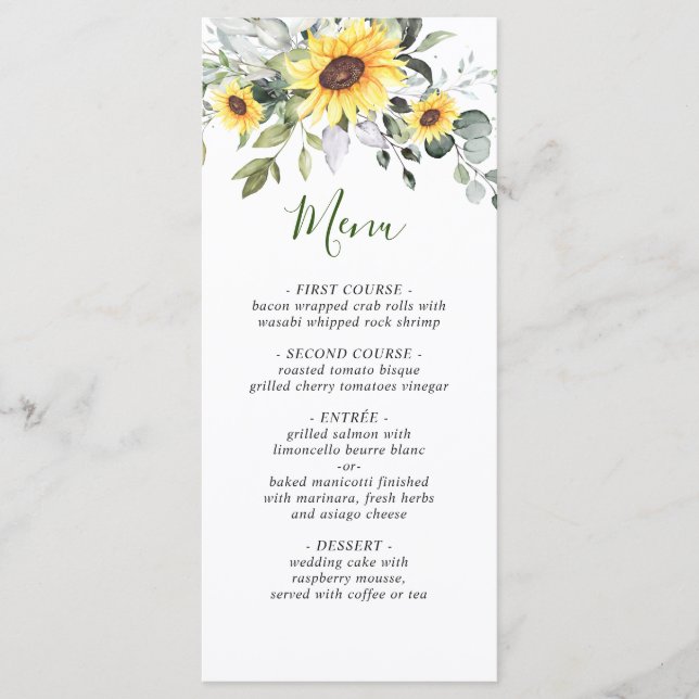 Elegant Sunflowers Eucalyptus Greenery Wedding Menu (Front)