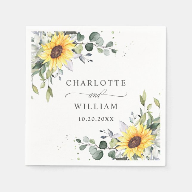Elegant Sunflowers Eucalyptus Greenery Wedding Napkins (Front)