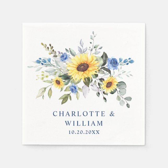 Elegant Sunflowers Eucalyptus Greenery Wedding Napkins (Front)