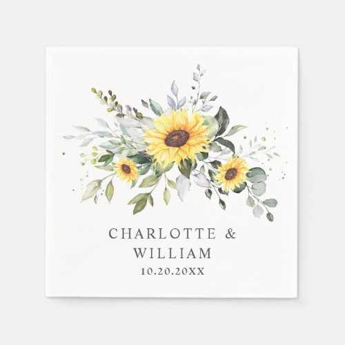 Elegant Sunflowers Eucalyptus Greenery Wedding Napkins