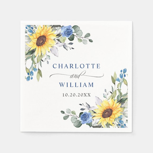 Elegant Sunflowers Eucalyptus Greenery Wedding Napkins (Front)