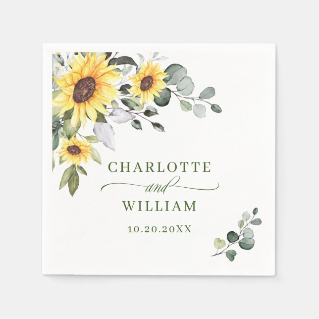Elegant Sunflowers Eucalyptus Greenery Wedding Napkins (Front)