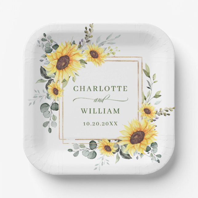 Elegant Sunflowers Eucalyptus Greenery Wedding Pap Paper Plates (Front)