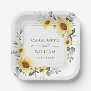 Elegant Sunflowers Eucalyptus Greenery Wedding Paper Plates