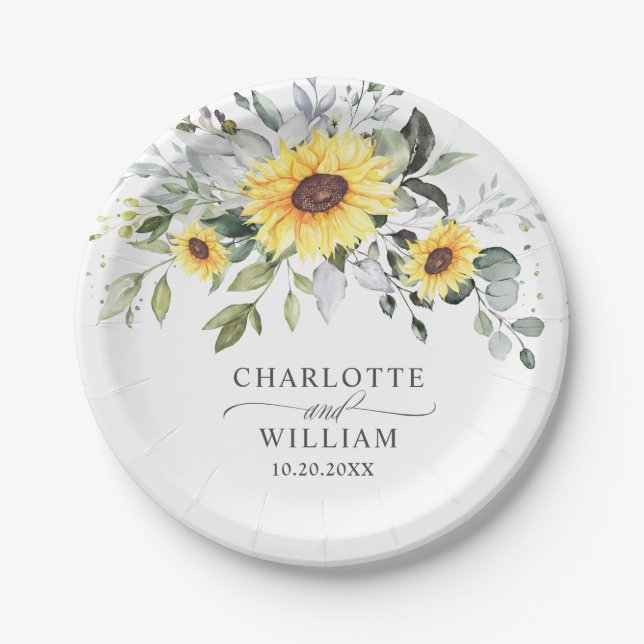 Elegant Sunflowers Eucalyptus Greenery Wedding Paper Plates (Front)