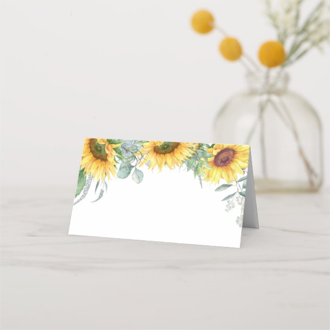 Elegant Sunflowers Eucalyptus Greenery Wedding Place Card (Front)