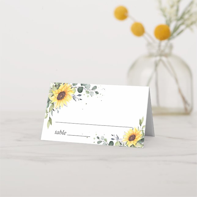 Elegant Sunflowers Eucalyptus Greenery Wedding Place Card (Front)