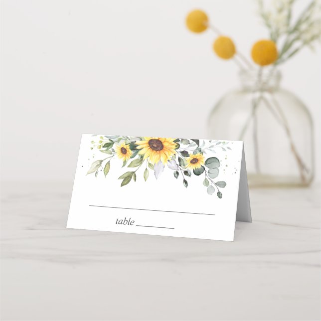 Elegant Sunflowers Eucalyptus Greenery Wedding Place Card (Front)