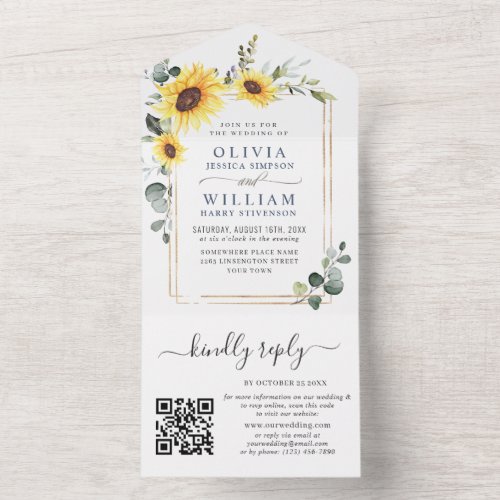 Elegant Sunflowers Eucalyptus Greenery Wedding QR All In One Invitation
