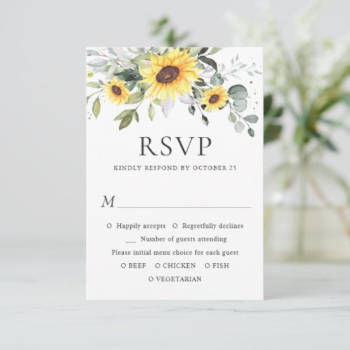 Elegant Sunflowers Eucalyptus Greenery Wedding RSVP Card