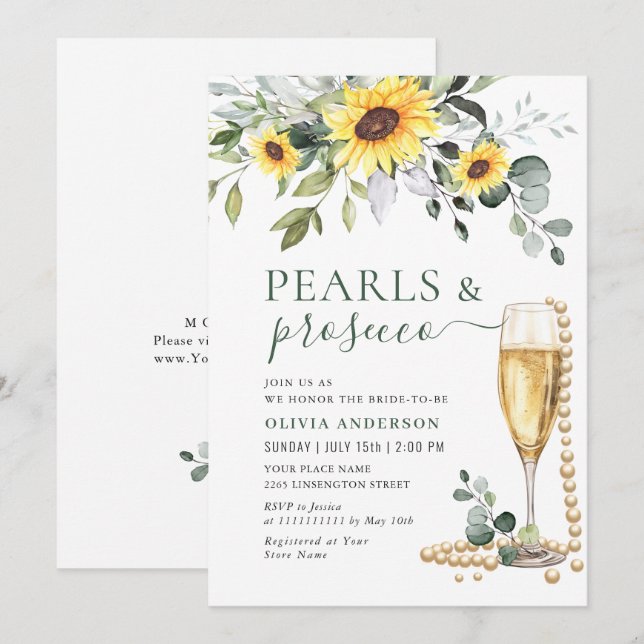 Elegant Sunflowers Eucalyptus PEARLS & Prosecco Invitation (Front/Back)