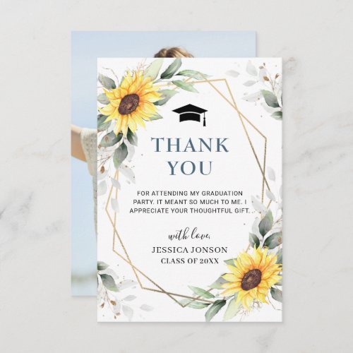 Elegant Sunflowers Eucalyptus Photo Graduation Thank You Card