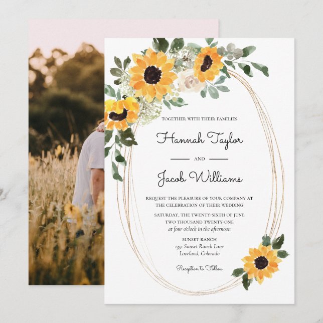 Elegant Sunflowers Eucalyptus Photo Wedding Invitation (Front/Back)