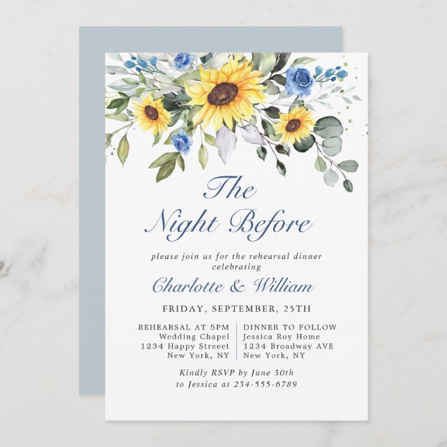 Elegant Sunflowers Eucalyptus REHEARSAL DINNER Invitation (Front/Back)