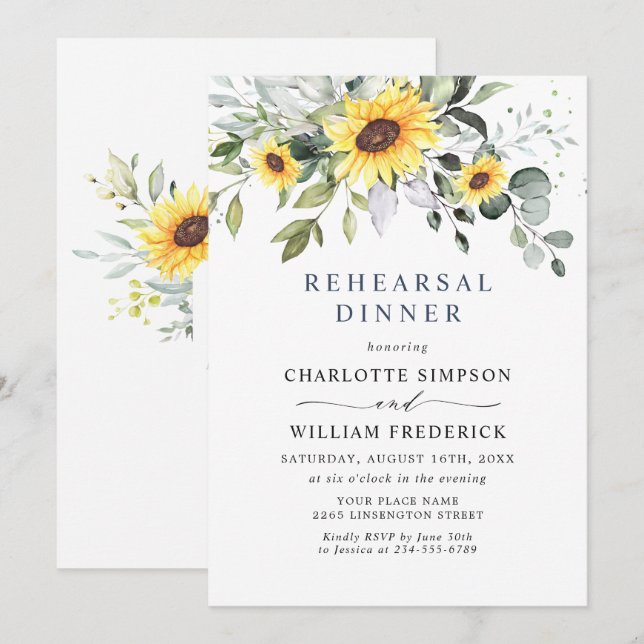 Elegant Sunflowers Eucalyptus REHEARSAL DINNER Invitation (Front/Back)