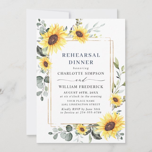 Elegant Sunflowers Eucalyptus REHEARSAL DINNER QR Invitation (Front)