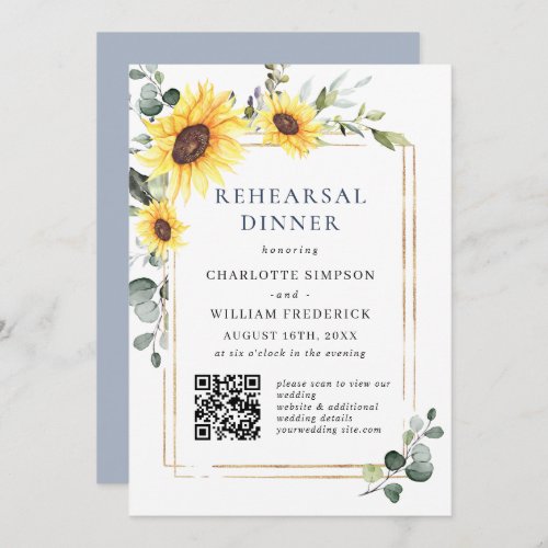 Elegant Sunflowers Eucalyptus REHEARSAL DINNER QR Invitation