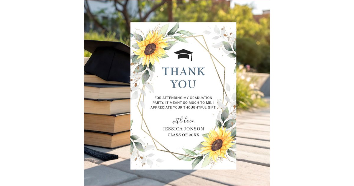 Elegant Sunflowers Eucalyptus Rustic Graduation Thank You Card | Zazzle