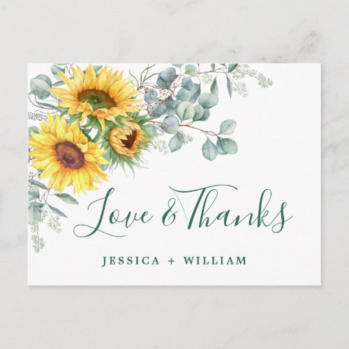 Elegant Sunflowers Eucalyptus Rustic Thank You Postcard