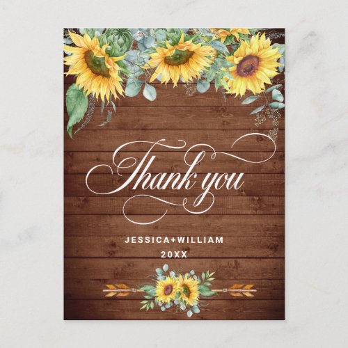 Elegant Sunflowers Eucalyptus Rustic Thank You Postcard