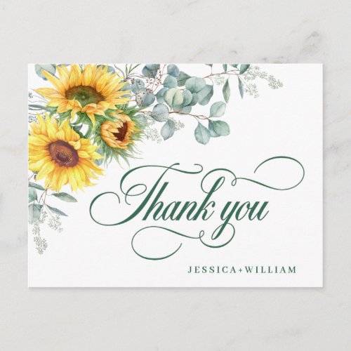 Elegant Sunflowers Eucalyptus Rustic Thank You Postcard