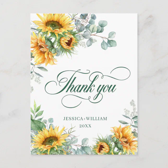 Elegant Sunflowers Eucalyptus Rustic Thank You Postcard | Zazzle