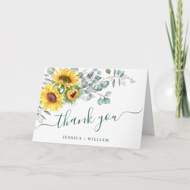 Elegant Sunflowers Eucalyptus Rustic Wedding Thank You Card (Front)