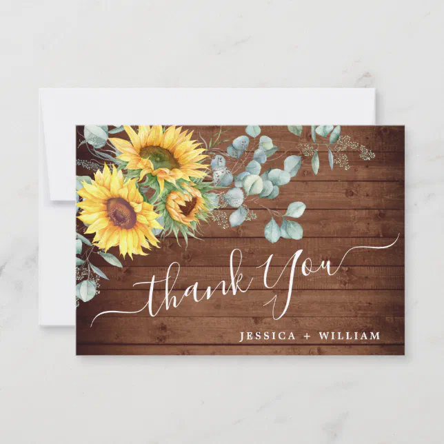 Elegant Sunflowers Eucalyptus Rustic Wedding Thank You Card | Zazzle
