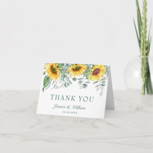 Elegant Sunflowers Eucalyptus Rustic Wedding Thank You Card (Front)