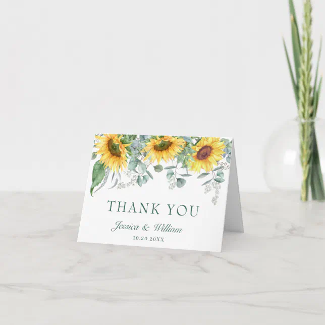Elegant Sunflowers Eucalyptus Rustic Wedding Thank You Card | Zazzle