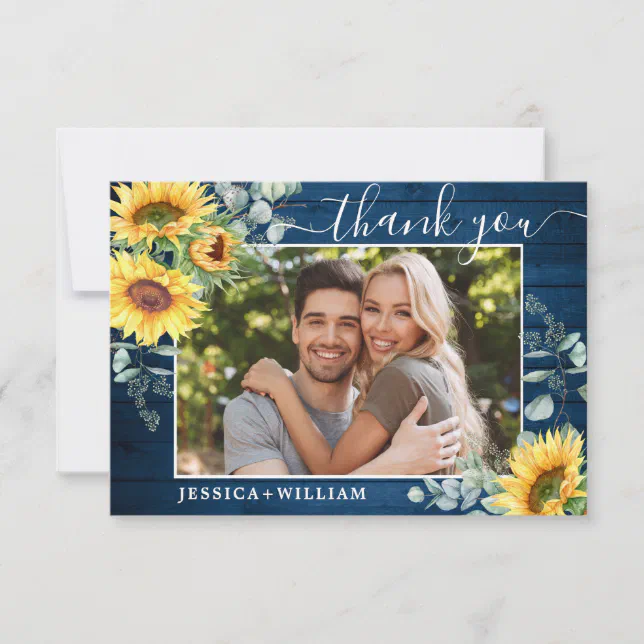 Elegant Sunflowers Eucalyptus Rustic Wood PHOTO Thank You Card | Zazzle