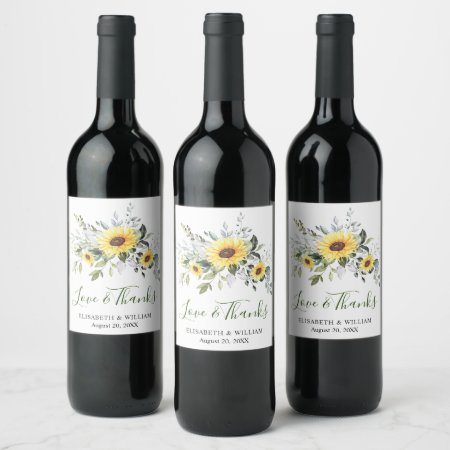 Elegant Sunflowers Eucalyptus Watercolor Greenery Wine Label