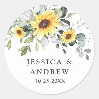 Elegant Sunflowers Eucalyptus Watercolor Wedding Classic Round Sticker