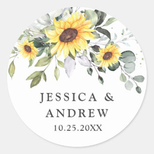 Elegant Sunflowers Eucalyptus Watercolor Wedding Classic Round Sticker