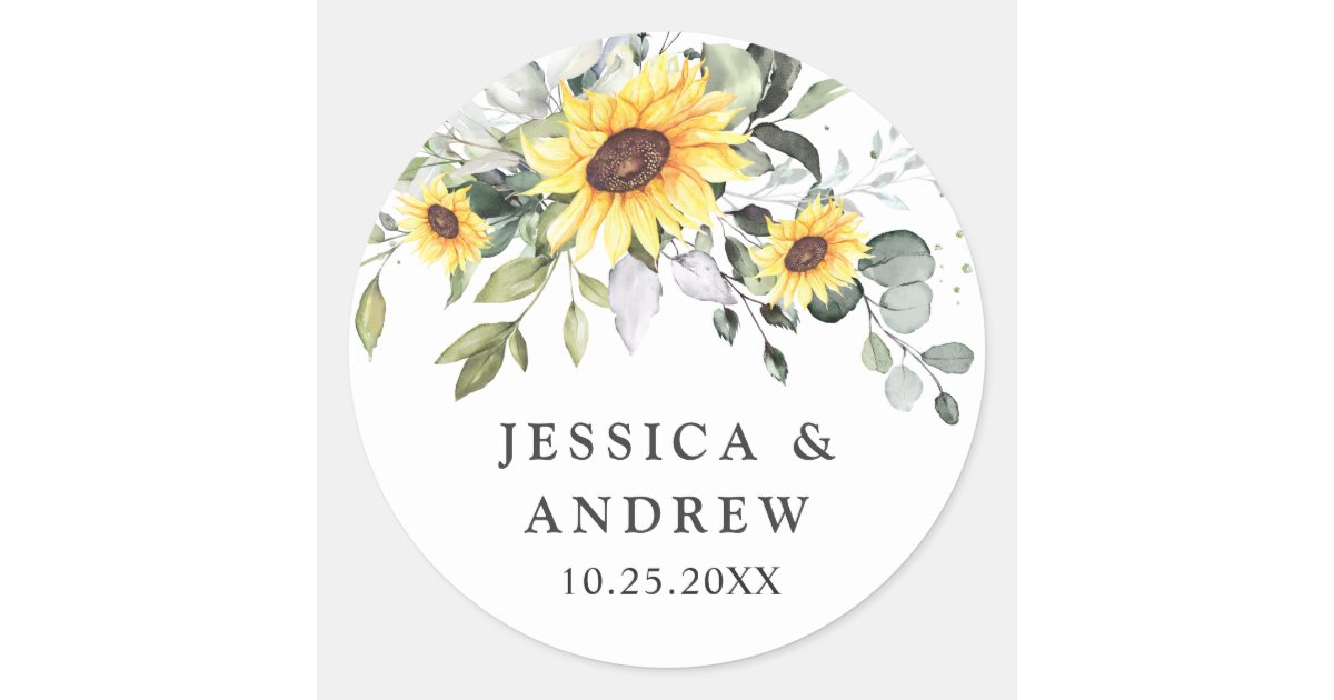 Elegant Sunflowers Eucalyptus Watercolor Wedding Classic Round Sticker ...
