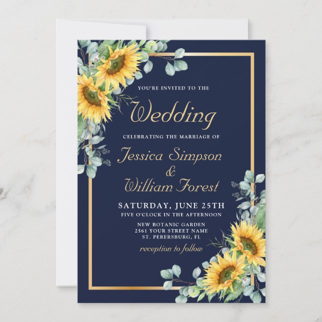 Elegant Sunflowers Eucalyptus Watercolor wedding Invitation (Front)