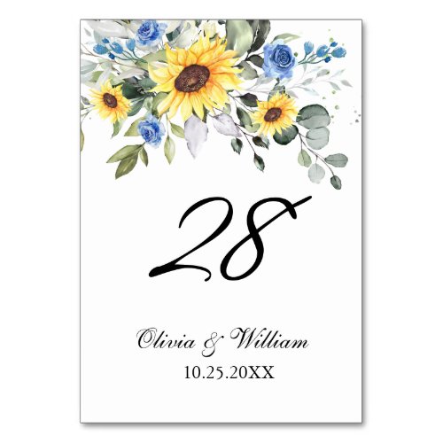 Elegant Sunflowers Eucalyptus Watercolor Wedding Table Number