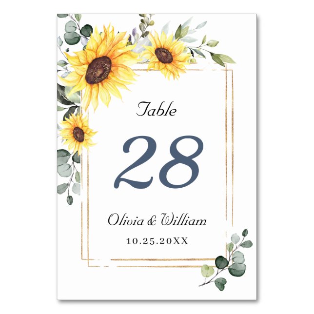 Elegant Sunflowers Eucalyptus Watercolor Wedding Table Number (Front)