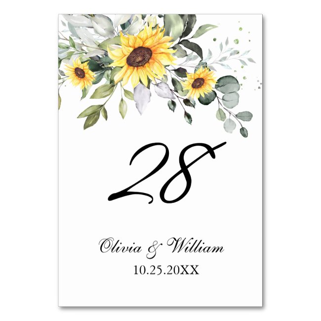 Elegant Sunflowers Eucalyptus Watercolor Wedding Table Number