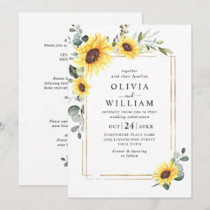 Elegant Sunflowers Eucalyptus Wedding All In One Invitation