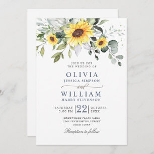 Elegant Sunflowers Eucalyptus Wedding All In One Invitation