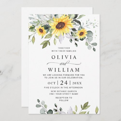 Elegant Sunflowers Eucalyptus Wedding All In One Invitation