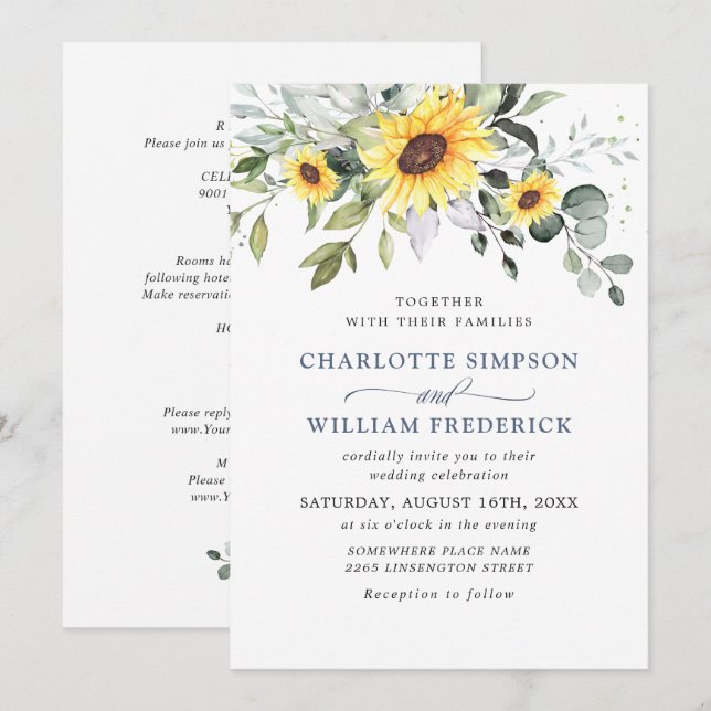 Elegant Sunflowers Eucalyptus Wedding All In One Invitation (Front/Back)